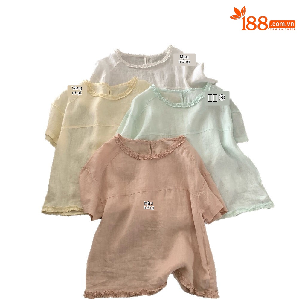 Áo sơ mi ngắn tay cổ tròn chất liệu linen phối ren bèo nhún — trắng ngà, Xanh nước biển, màu hồng, Vàng nhạtcolor