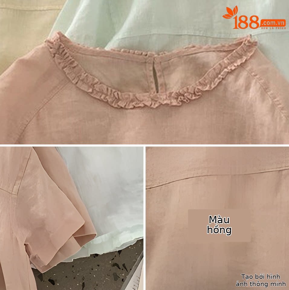 Áo sơ mi ngắn tay cổ tròn chất liệu linen phối ren bèo nhún — trắng ngà, Xanh nước biển, màu hồng, Vàng nhạtcolor chi tiết 9