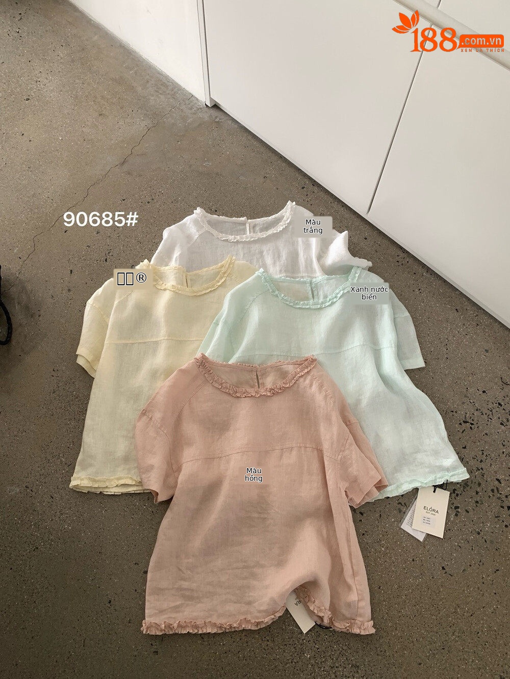 Áo sơ mi ngắn tay cổ tròn chất liệu linen phối ren bèo nhún — trắng ngà, Xanh nước biển, màu hồng, Vàng nhạtcolor chi tiết 14