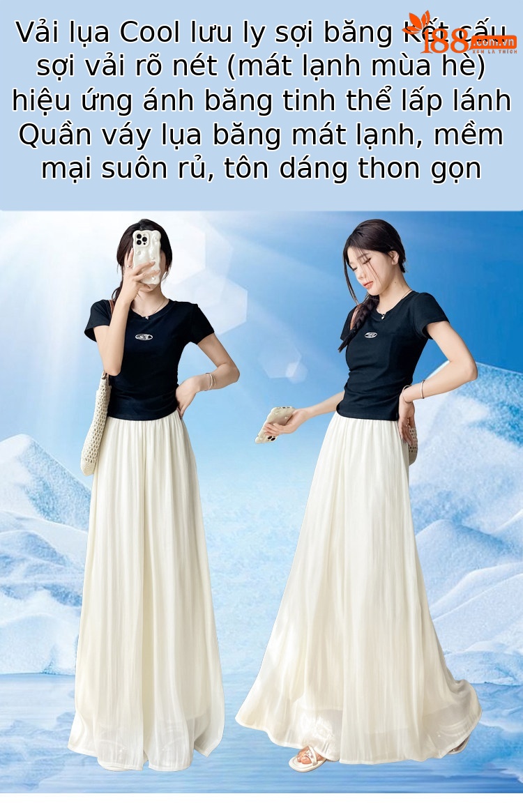 Chân váy lụa trắng nữ dáng dài xòe rộng, phong cách tiên khí — Gạo trắng mở rộng chi tiết 1