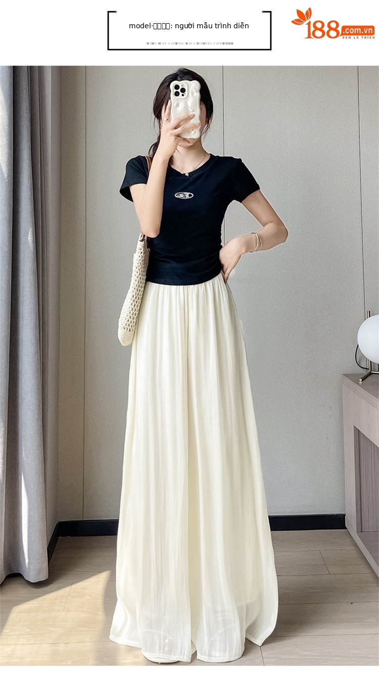 Chân váy lụa trắng nữ dáng dài xòe rộng, phong cách tiên khí — Gạo trắng mở rộng chi tiết 39
