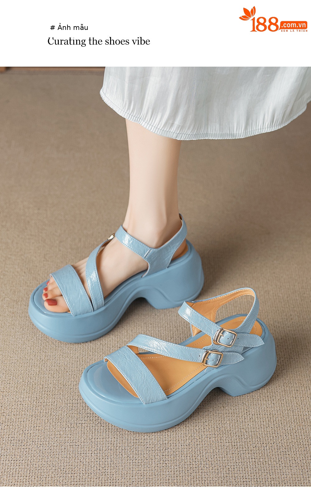 Sandal cao gót nữ hở mũi đế xuồng quai ngang khóa cài — màu đen, màu xanh hồ chi tiết 9