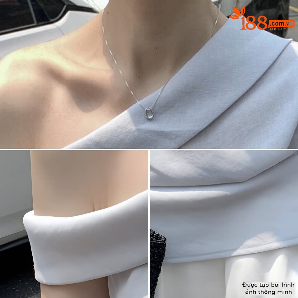 Áo croptop nữ tay ngắn cổ lệch vai, thiết kế bất đối xứng — Xanh da trờicolor, màu trắng, màu mơ chi tiết 6