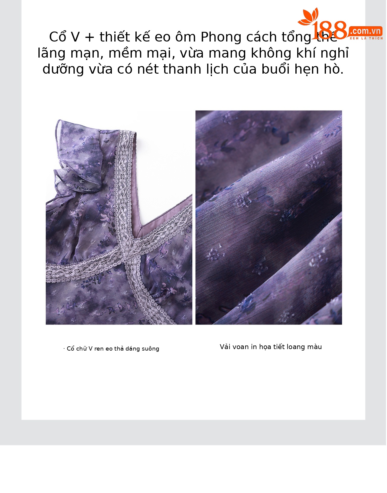 Đầm maxi nữ cổ V họa tiết hoa tay lá sen thiết kế chéo eo — màu tím chi tiết 9