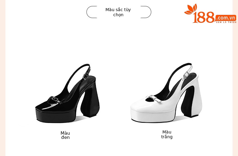 Sandal cao gót nữ mũi vuông đế platform da bò sơn — đen chi tiết 2