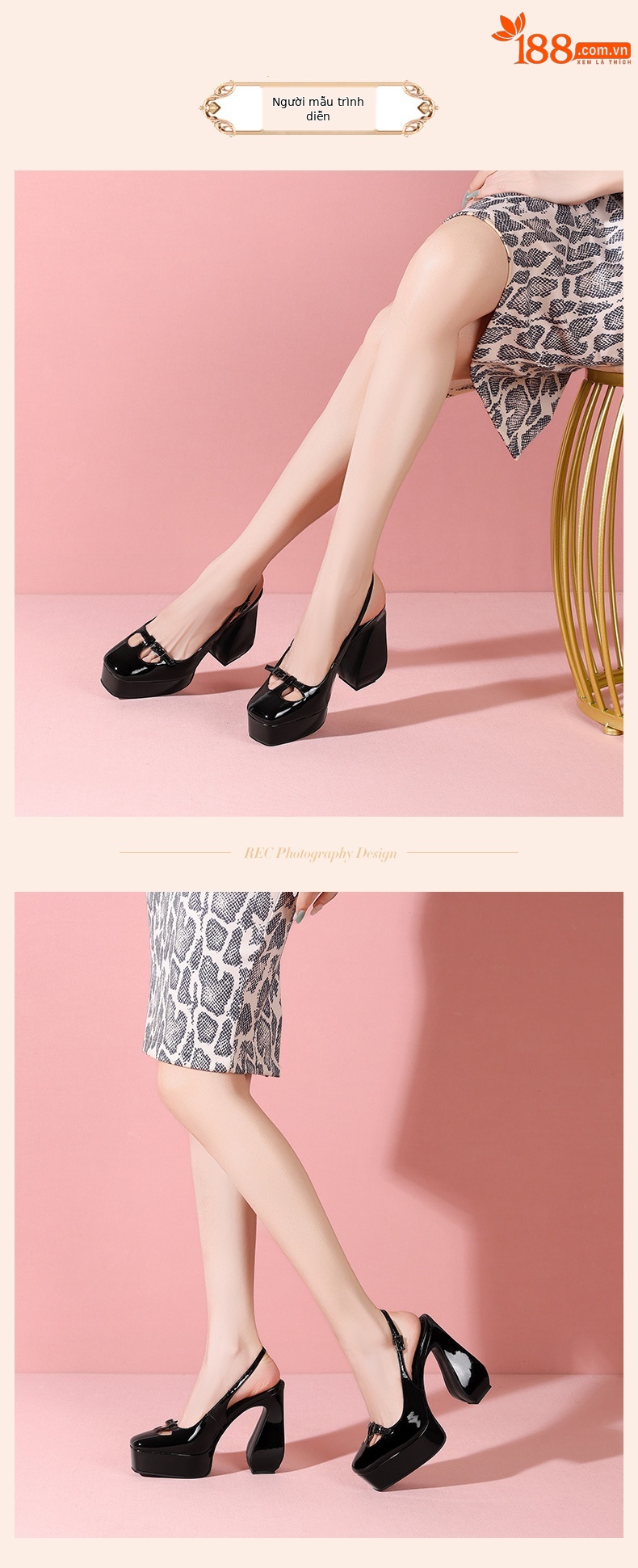 Sandal cao gót nữ mũi vuông đế platform da bò sơn — đen chi tiết 5