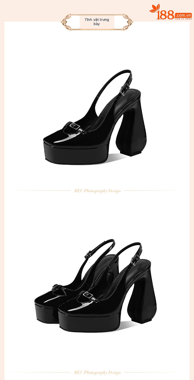 Sandal cao gót nữ mũi vuông đế platform da bò sơn — đen chi tiết 9