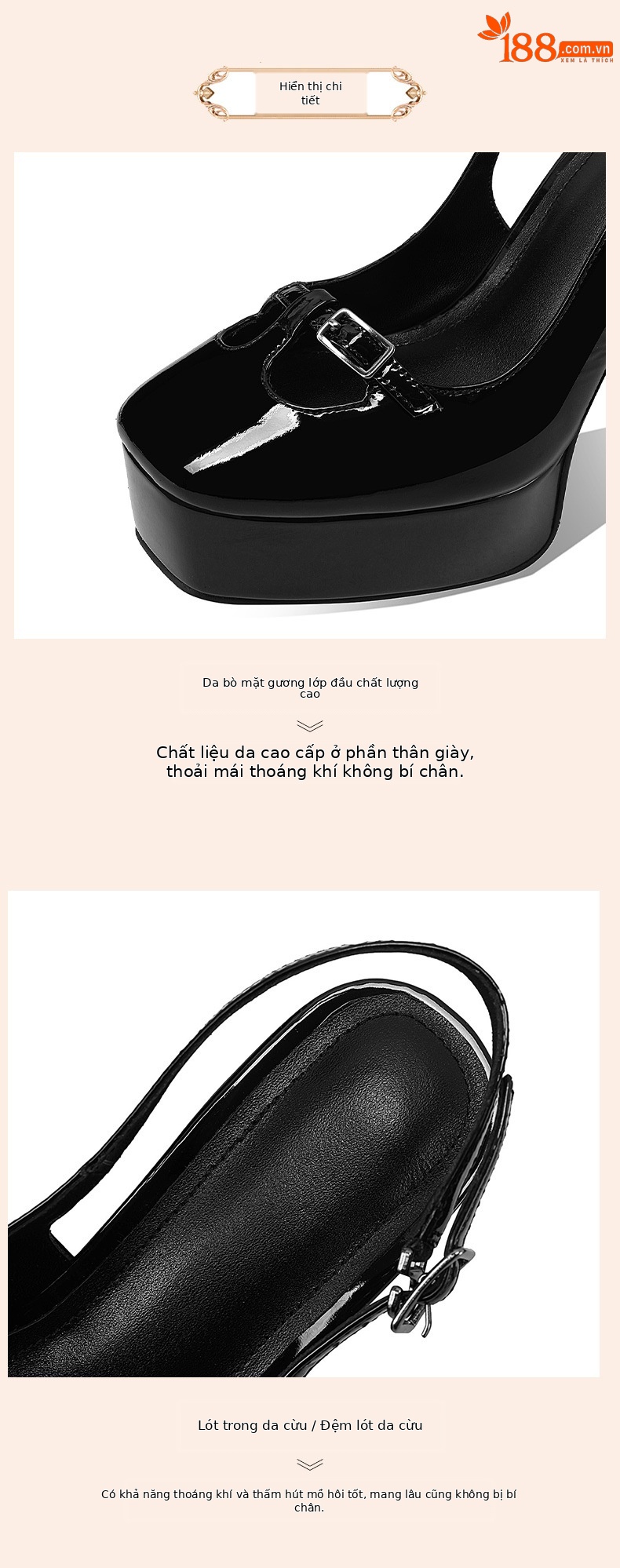 Sandal cao gót nữ mũi vuông đế platform da bò sơn — đen chi tiết 3