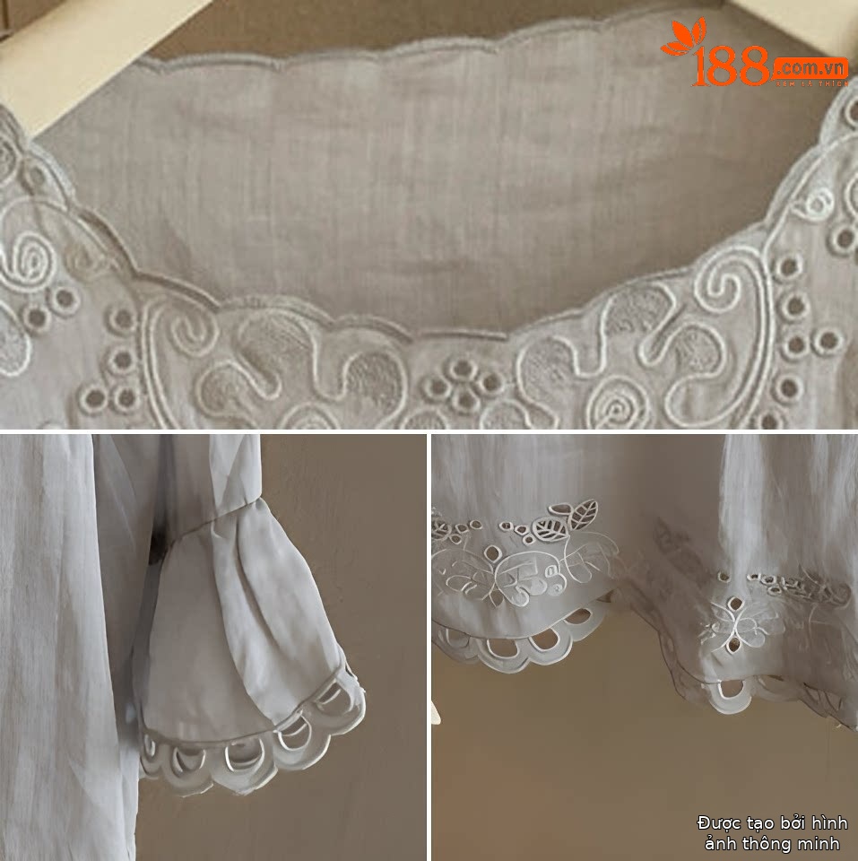 Áo sơ mi tay ngắn nữ ren hở lưng phong cách Pháp — Xanh da trờicolor, màu mơ chi tiết 9