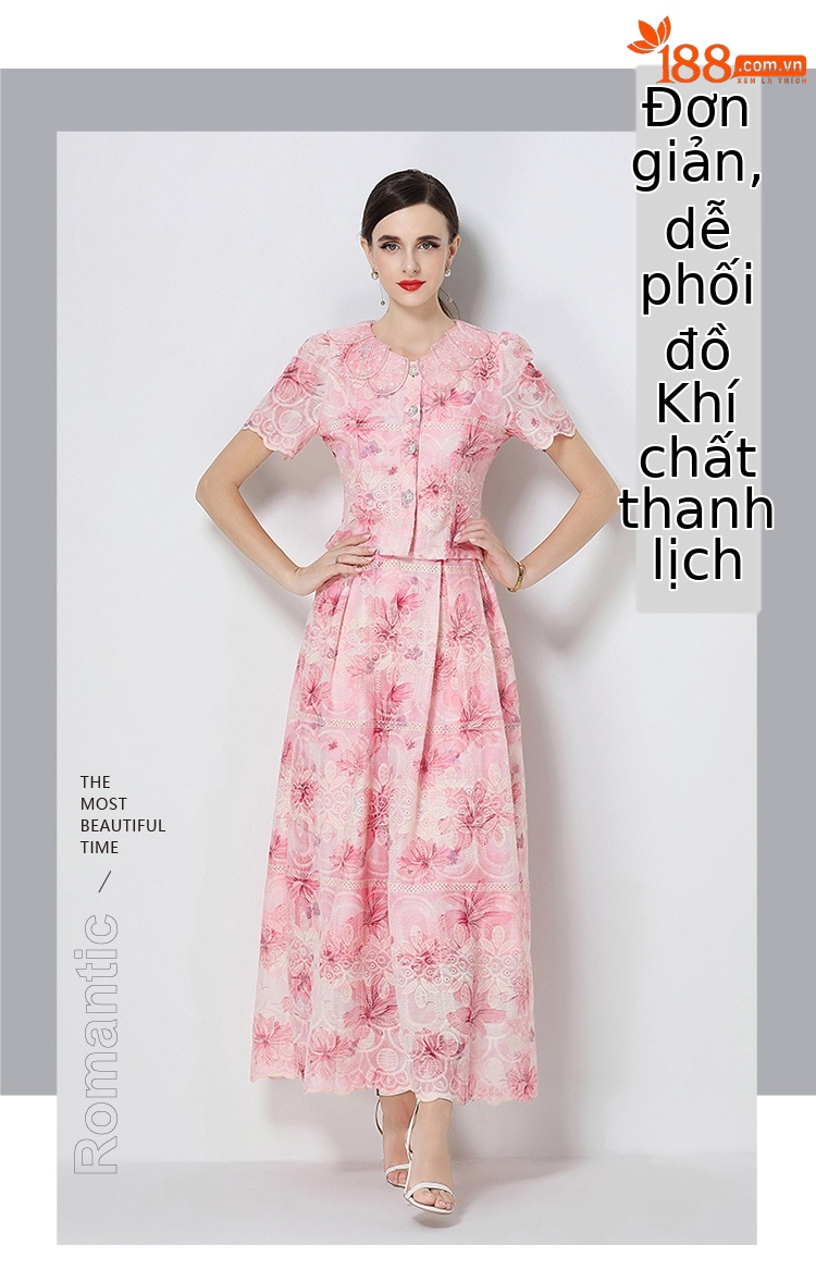 Bộ hai mảnh mùa hè kiểu Pháp: áo cổ búp bê tay ngắn ren hoa + chân váy cạp cao — xanh lam, Màu hồng, màu vàng chi tiết 6