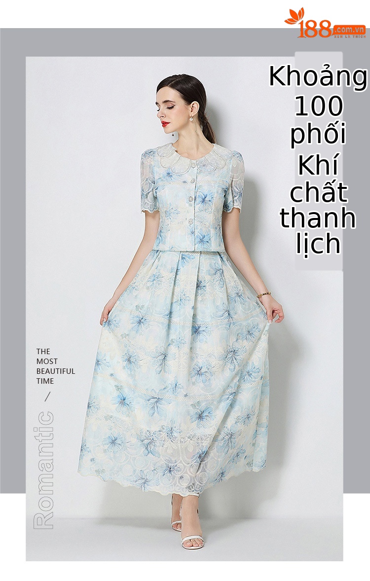 Bộ hai mảnh mùa hè kiểu Pháp: áo cổ búp bê tay ngắn ren hoa + chân váy cạp cao — xanh lam, Màu hồng, màu vàng chi tiết 42