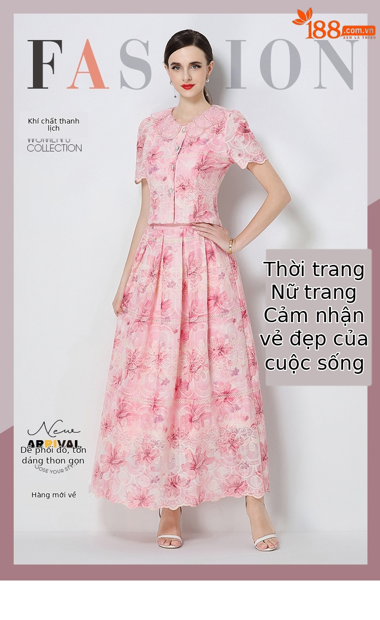 Bộ hai mảnh mùa hè kiểu Pháp: áo cổ búp bê tay ngắn ren hoa + chân váy cạp cao — xanh lam, Màu hồng, màu vàng chi tiết 1