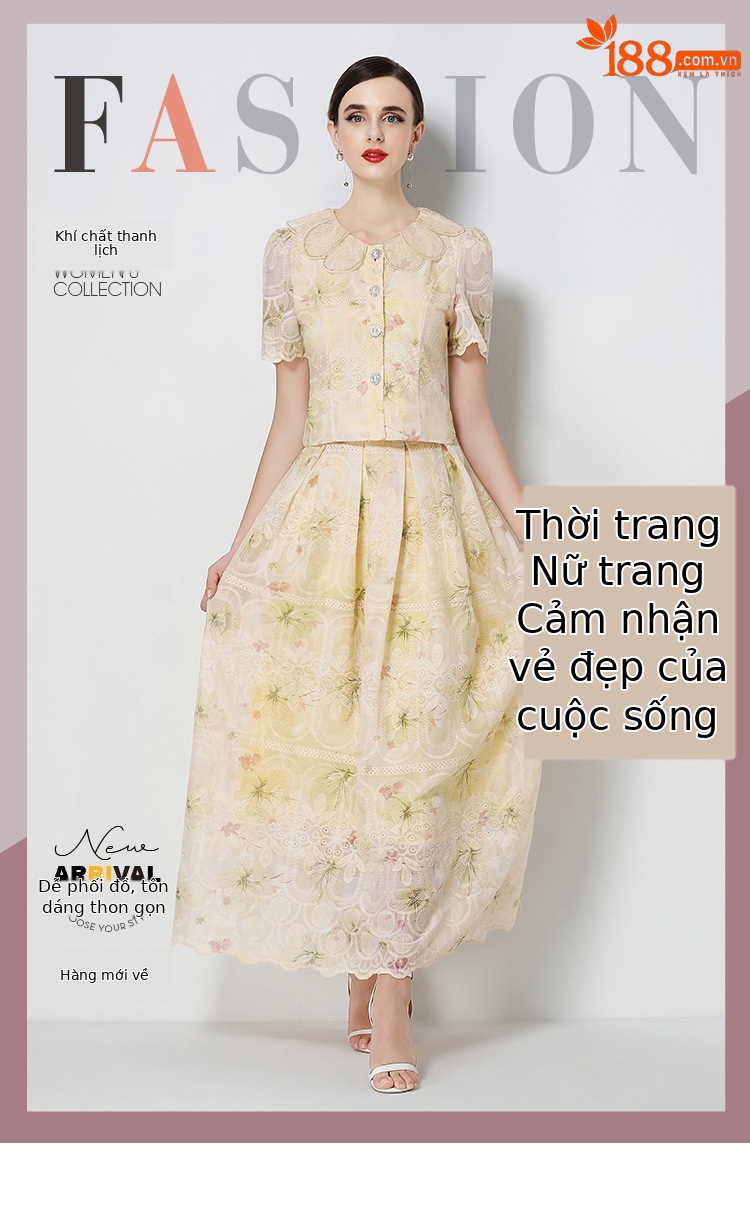 Bộ hai mảnh mùa hè kiểu Pháp: áo cổ búp bê tay ngắn ren hoa + chân váy cạp cao — xanh lam, Màu hồng, màu vàng chi tiết 19
