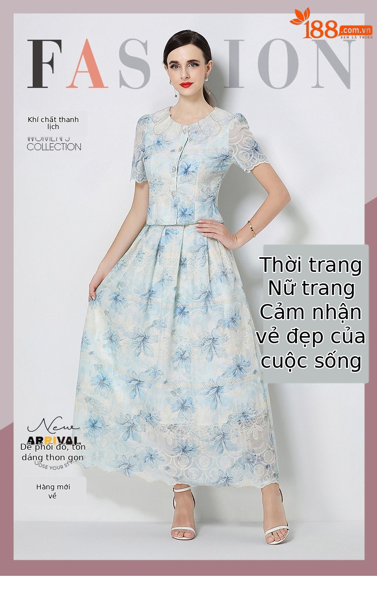 Bộ hai mảnh mùa hè kiểu Pháp: áo cổ búp bê tay ngắn ren hoa + chân váy cạp cao — xanh lam, Màu hồng, màu vàng chi tiết 37