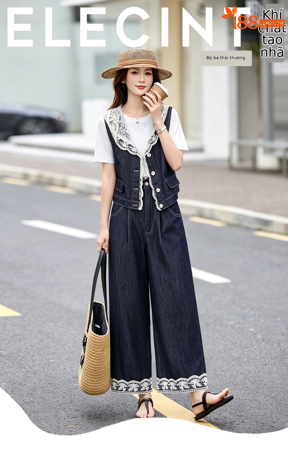 Bộ ba mảnh denim mùa hè 2026: áo khoác không tay mũ liền ren + áo thun + quần ống suông — Màu ảnh chi tiết 1