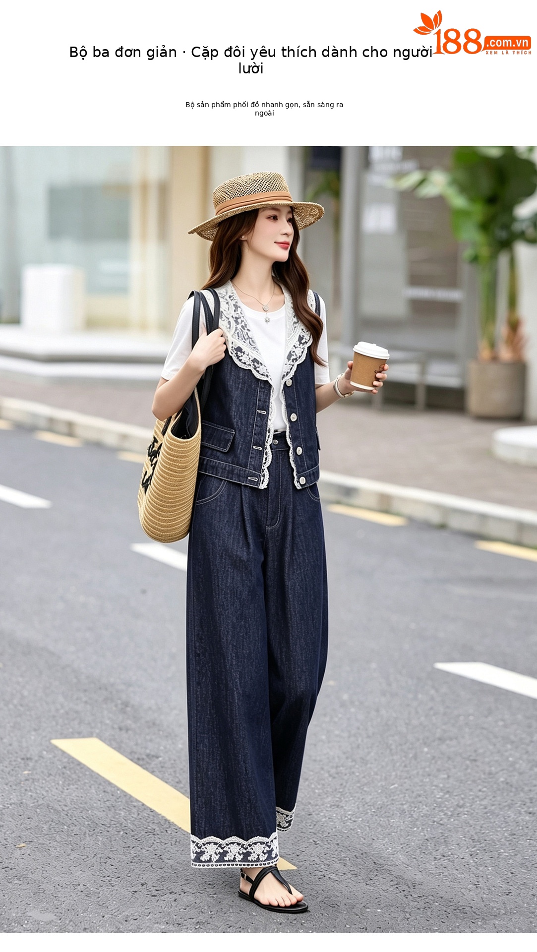 Bộ ba mảnh denim mùa hè 2026: áo khoác không tay mũ liền ren + áo thun + quần ống suông — Màu ảnh chi tiết 4