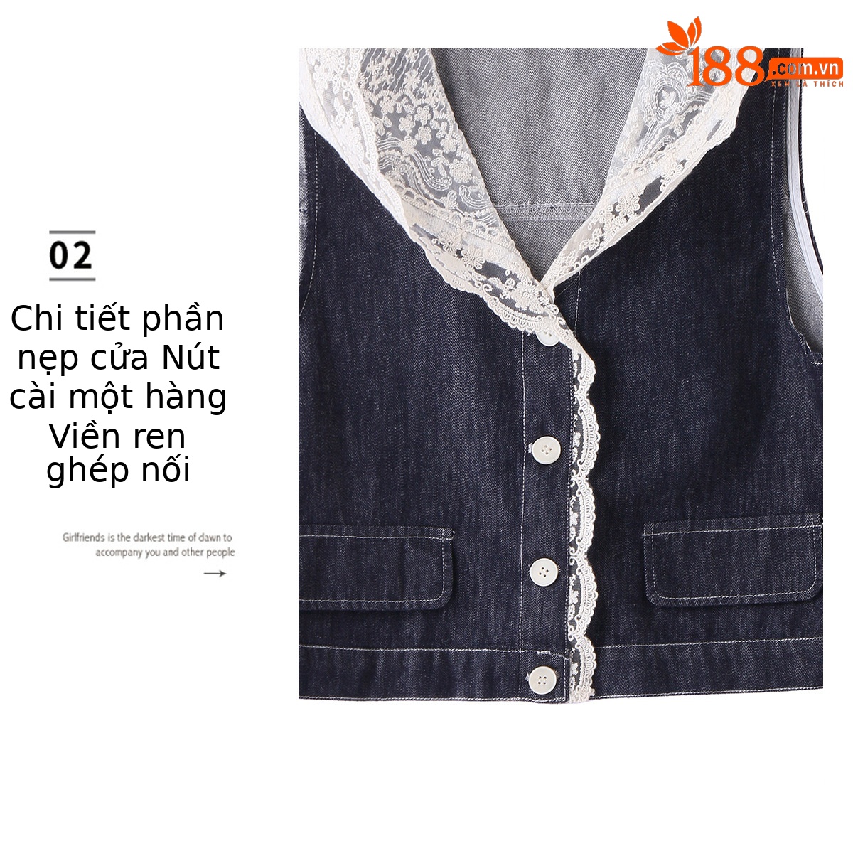 Bộ ba mảnh denim mùa hè 2026: áo khoác không tay mũ liền ren + áo thun + quần ống suông — Màu ảnh chi tiết 6