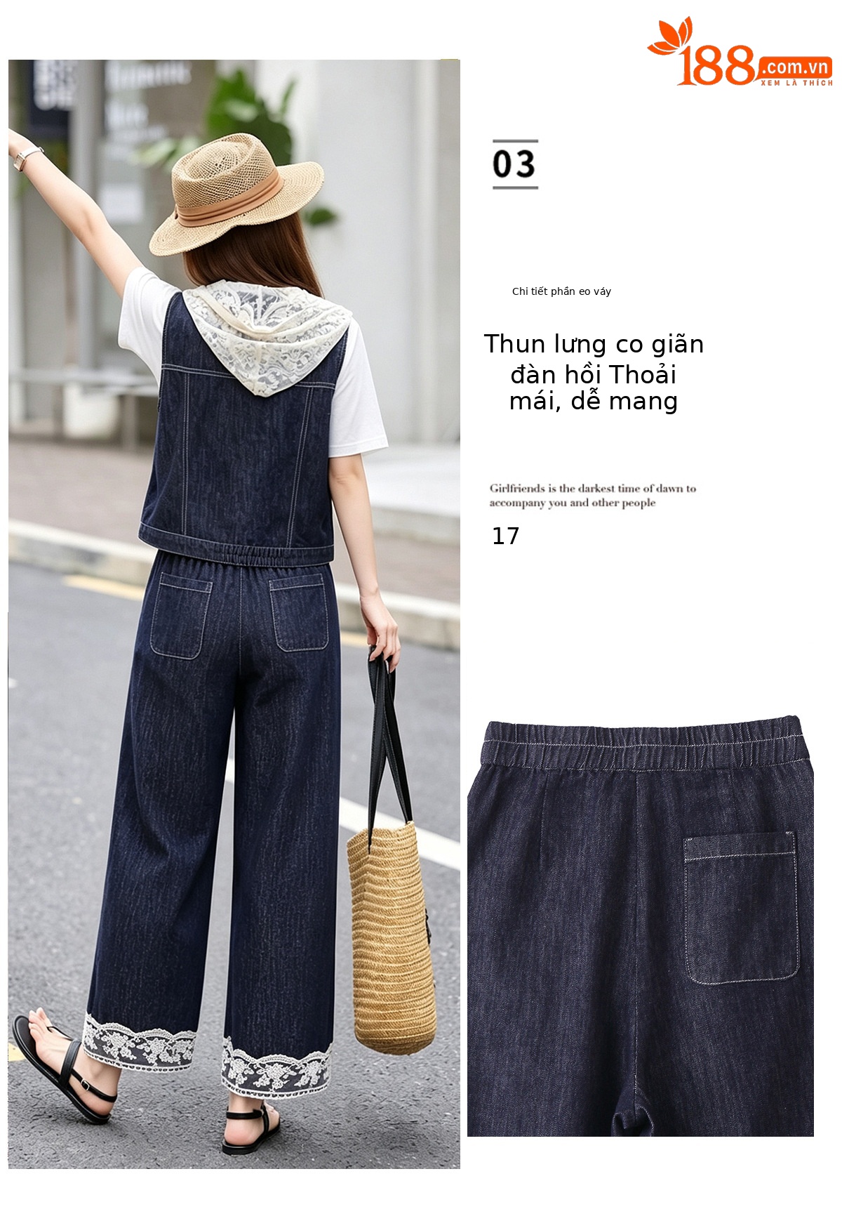 Bộ ba mảnh denim mùa hè 2026: áo khoác không tay mũ liền ren + áo thun + quần ống suông — Màu ảnh chi tiết 7