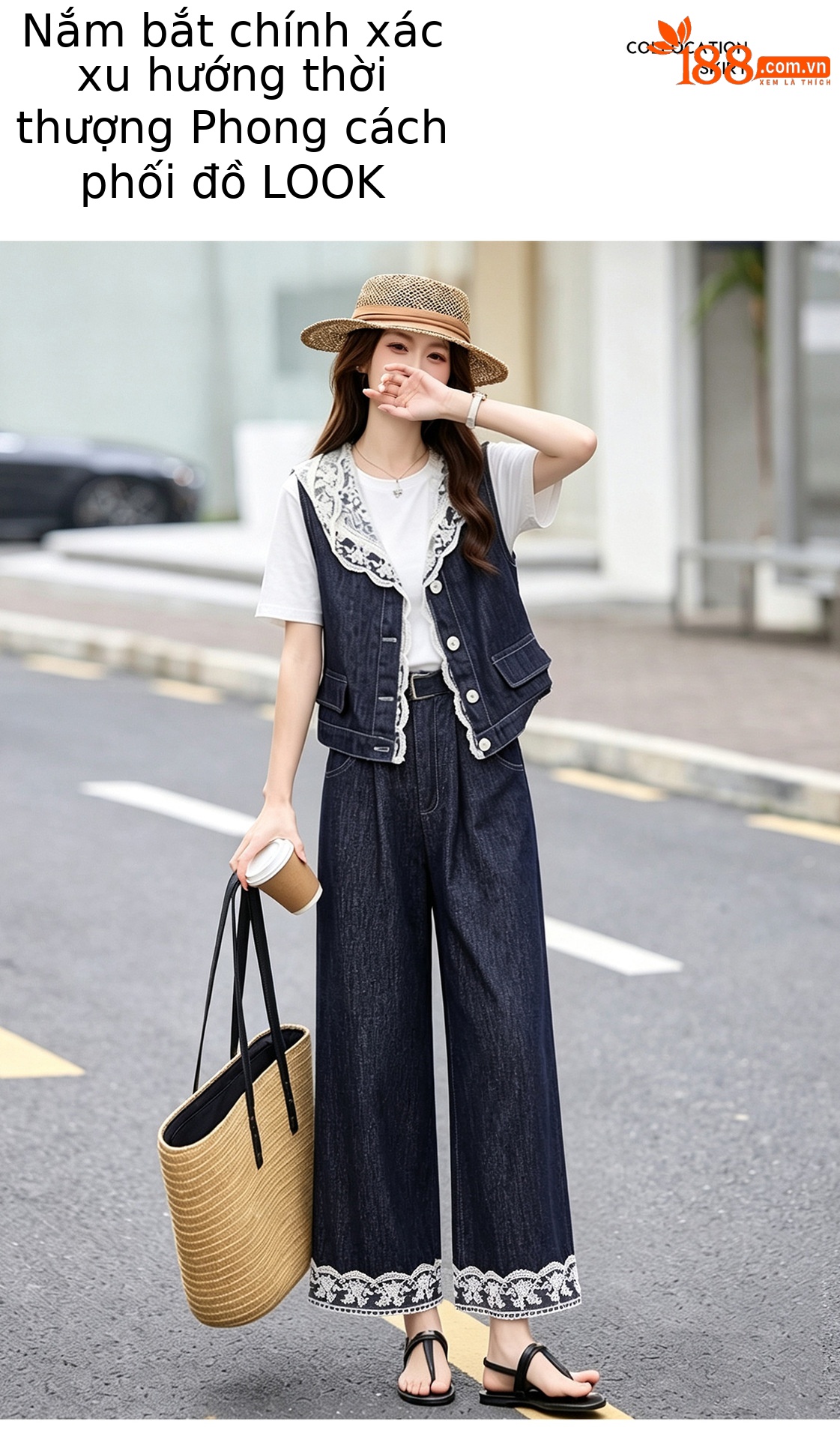 Bộ ba mảnh denim mùa hè 2026: áo khoác không tay mũ liền ren + áo thun + quần ống suông — Màu ảnh chi tiết 8