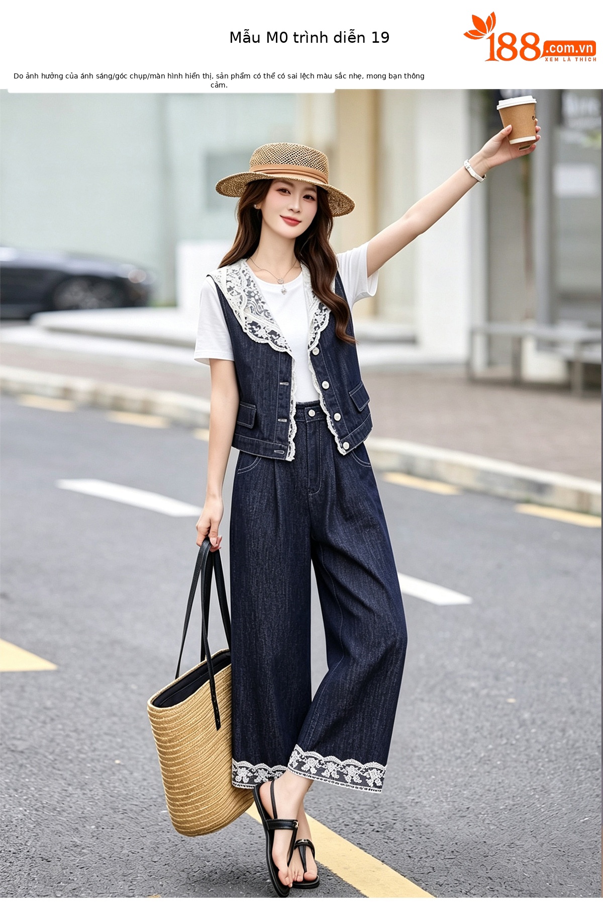 Bộ ba mảnh denim mùa hè 2026: áo khoác không tay mũ liền ren + áo thun + quần ống suông — Màu ảnh chi tiết 10