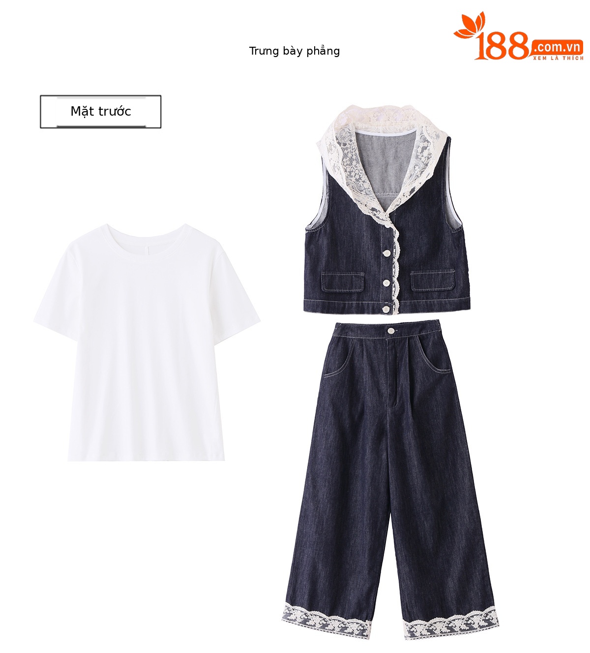 Bộ ba mảnh denim mùa hè 2026: áo khoác không tay mũ liền ren + áo thun + quần ống suông — Màu ảnh chi tiết 19