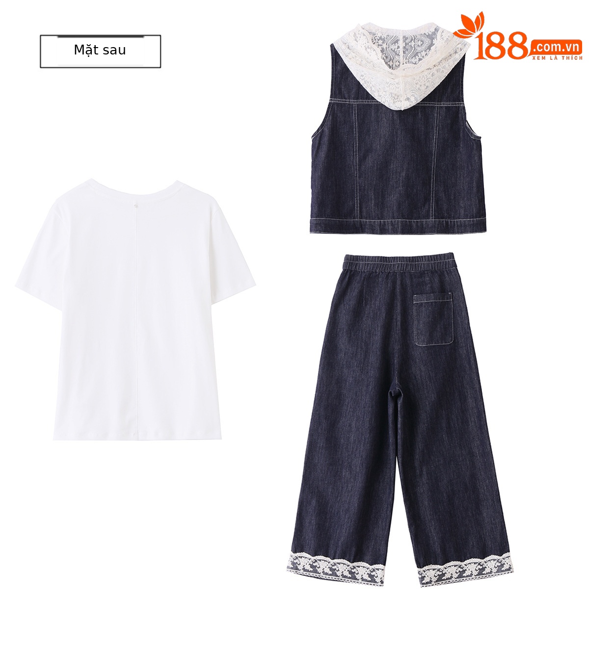 Bộ ba mảnh denim mùa hè 2026: áo khoác không tay mũ liền ren + áo thun + quần ống suông — Màu ảnh chi tiết 20