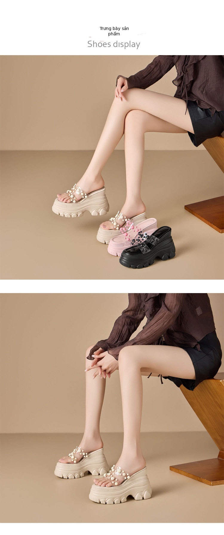 Dép sandal cao gót nữ đế xuồng platform 12cm phong cách Hàn Quốc — [Trắng kem], [Đen], [Hồng] chi tiết 2