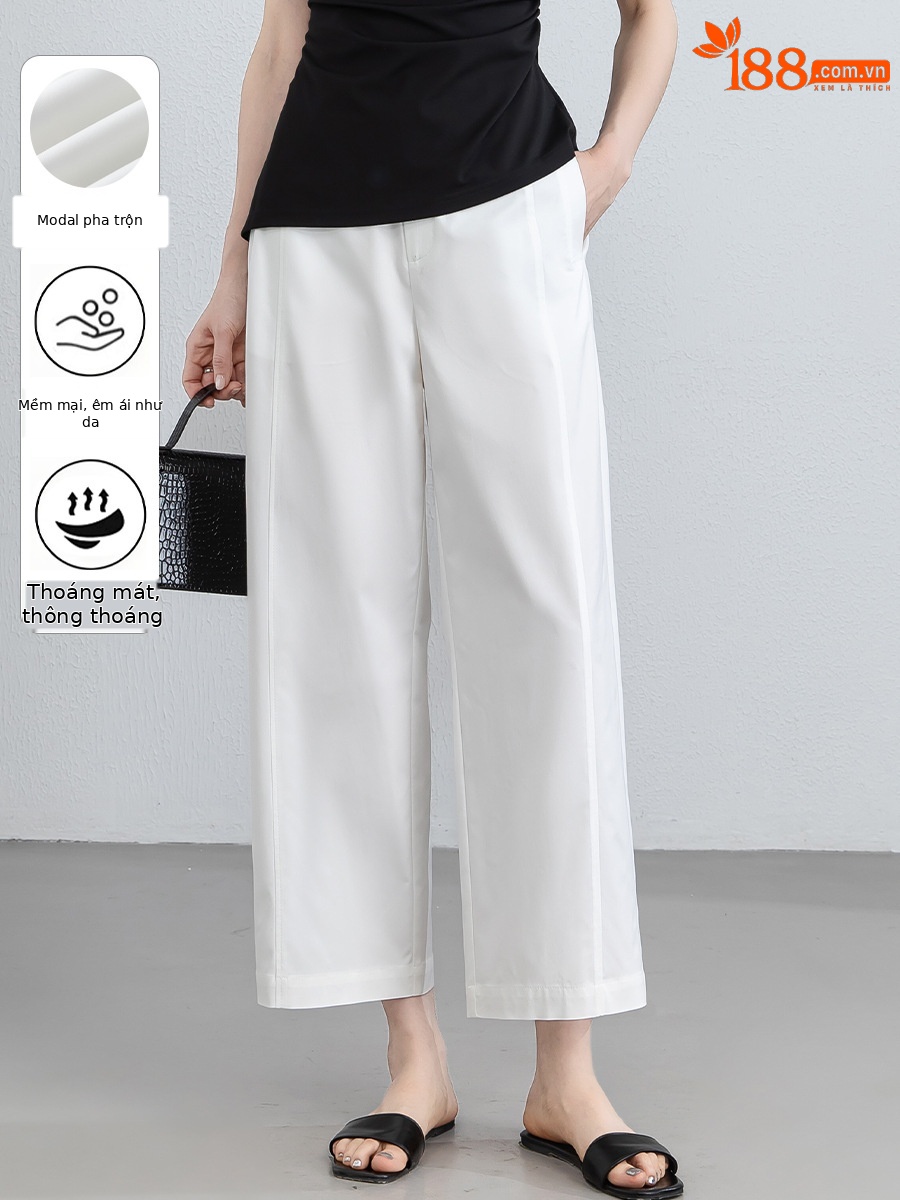Quần culottes nữ ống rộng cạp cao vải modal co giãn dáng suông dài 9 phần — màu hồng