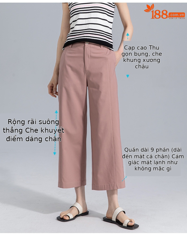 Quần culottes nữ ống rộng cạp cao vải modal co giãn dáng suông dài 9 phần — màu hồng chi tiết 5
