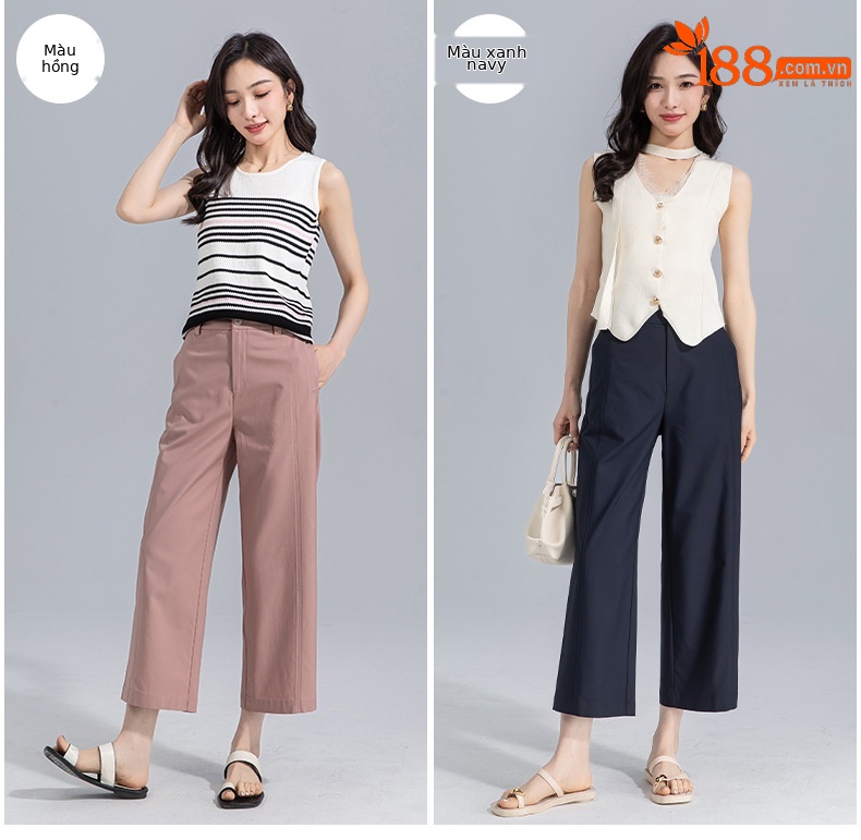 Quần culottes nữ ống rộng cạp cao vải modal co giãn dáng suông dài 9 phần — màu hồng chi tiết 9