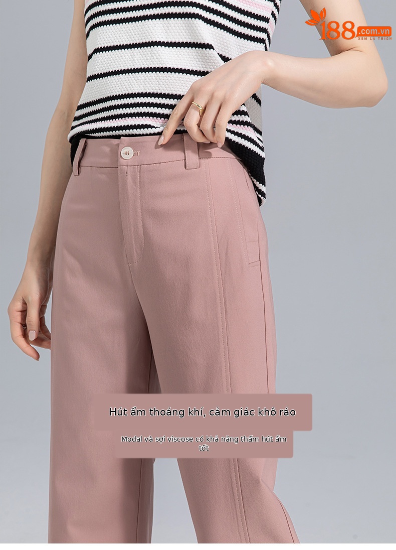 Quần culottes nữ ống rộng cạp cao vải modal co giãn dáng suông dài 9 phần — màu hồng chi tiết 12