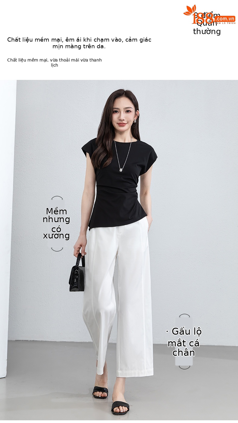Quần culottes nữ ống rộng cạp cao vải modal co giãn dáng suông dài 9 phần — màu hồng chi tiết 1