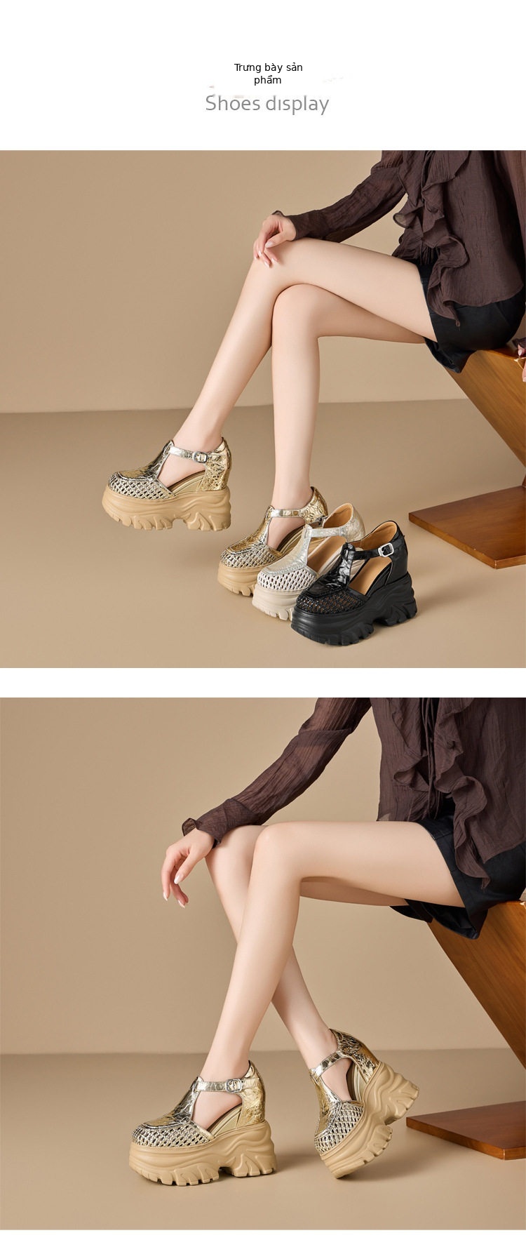 Sandal cao gót nữ đế xuồng 14cm dệt lưới mũi tròn hở mũi — [Trắng kem], [Đen], [Vàng nhạt] chi tiết 2