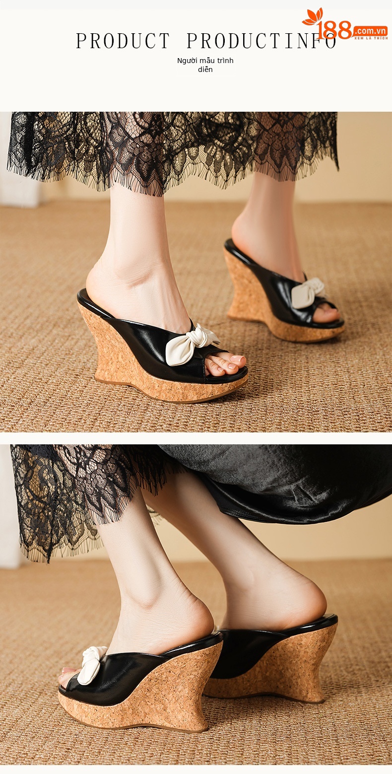 Dép sandal cao gót nữ hở mũi đế xuồng 11cm nơ bướm phong cách Hàn Quốc mùa hè — màu đen, màu trắng ngà chi tiết 2