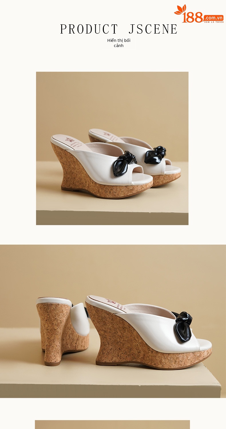 Dép sandal cao gót nữ hở mũi đế xuồng 11cm nơ bướm phong cách Hàn Quốc mùa hè — màu đen, màu trắng ngà chi tiết 5