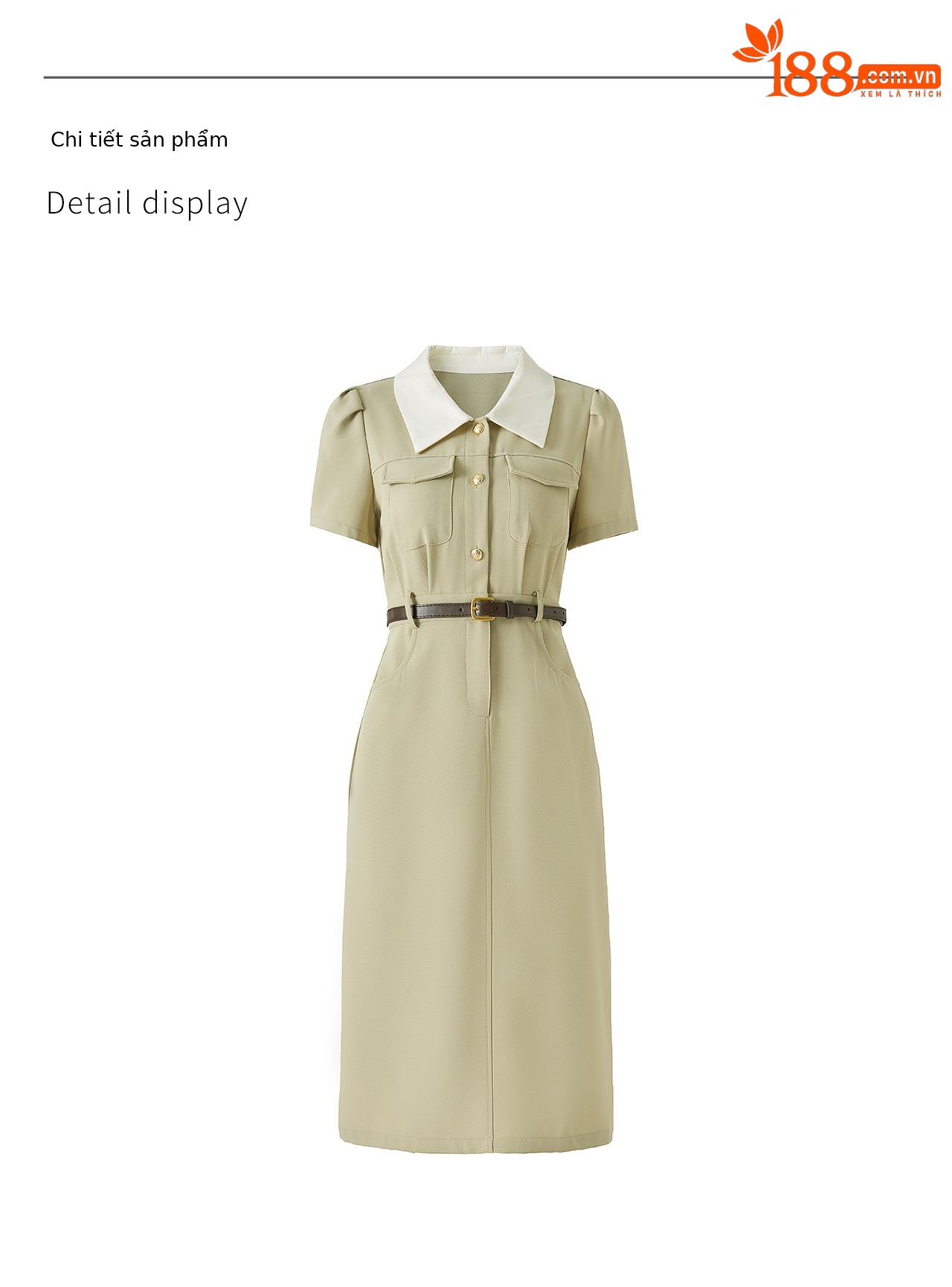 Đầm dài cổ sơ mi phong cách vintage nữ tay ngắn dáng suông — xanh lá cây chi tiết 16