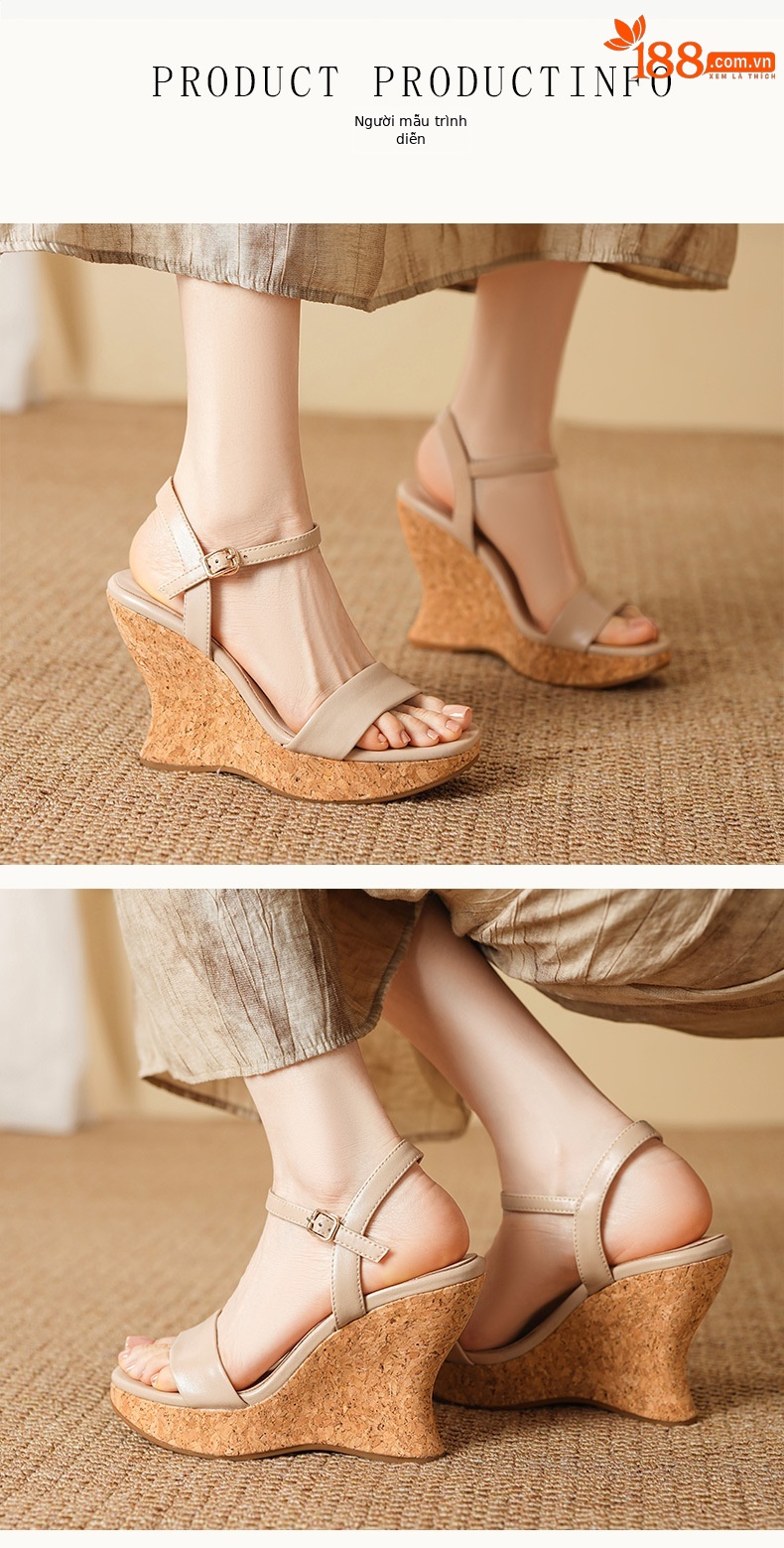 Sandal cao gót nữ da thật quai ngang đế platform gót 12 cm mũi hở kiểu La Mã — màu trắng ngà, màu mơ chi tiết 2