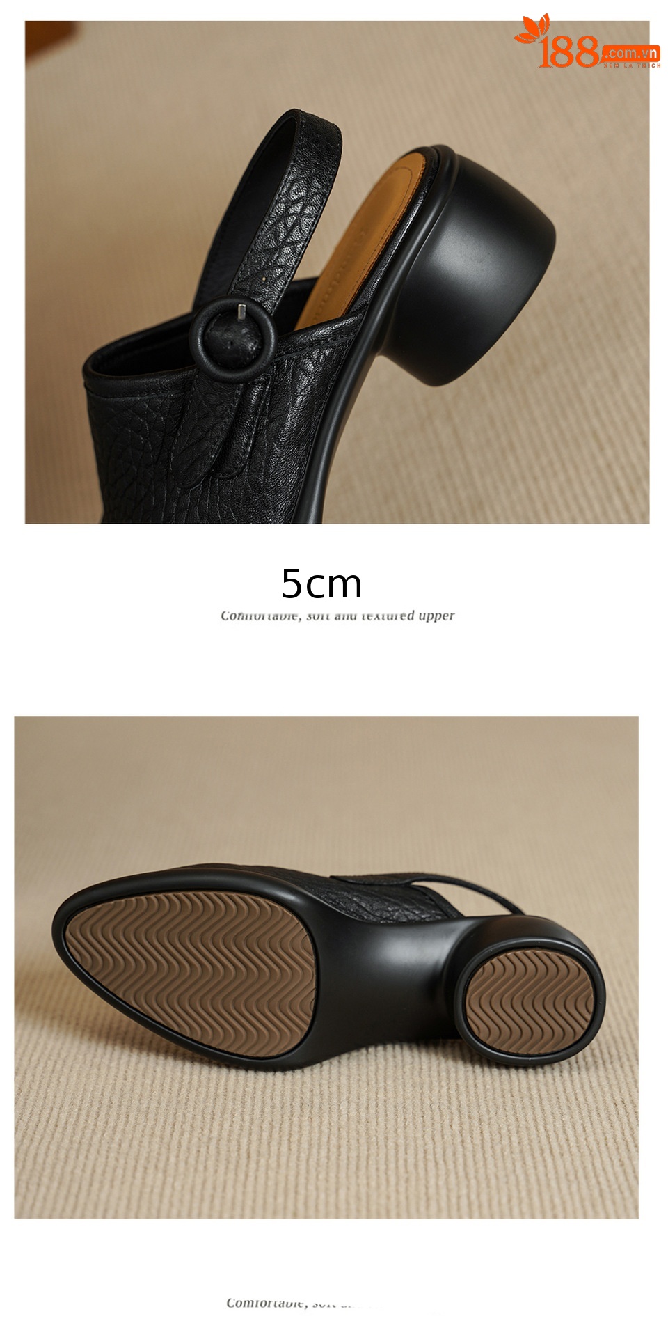 Sandal nữ da dê mũi tròn gót vuông cao 7 cm quai ngang khóa một chữ — đen chi tiết 15