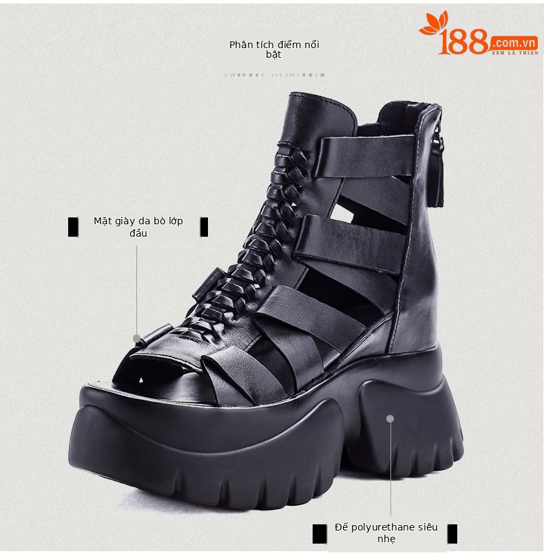 Sandal nữ da bò thật đế dày phong cách La Mã, mũi hở, gót trong cao — màu đen chi tiết 3