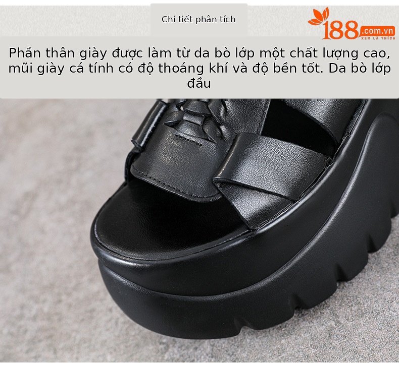 Sandal nữ da bò thật đế dày phong cách La Mã, mũi hở, gót trong cao — màu đen chi tiết 4