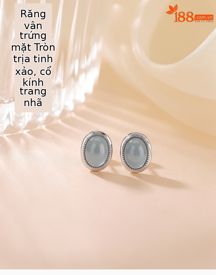 Bông tai bạc S925 đính đá ngọc bích xanh hình trứng đơn giản thanh lịch — Cặp đôi chi tiết 1
