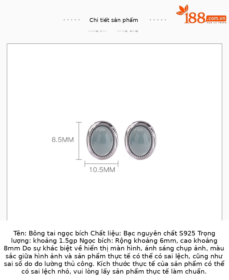 Bông tai bạc S925 đính đá ngọc bích xanh hình trứng đơn giản thanh lịch — Cặp đôi chi tiết 2