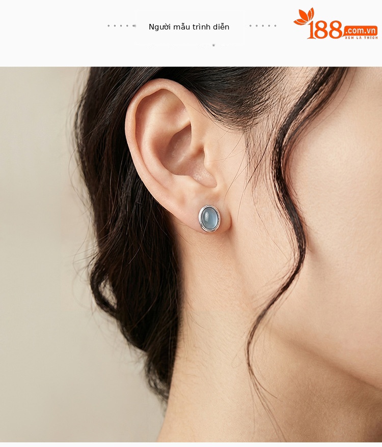 Bông tai bạc S925 đính đá ngọc bích xanh hình trứng đơn giản thanh lịch — Cặp đôi chi tiết 3