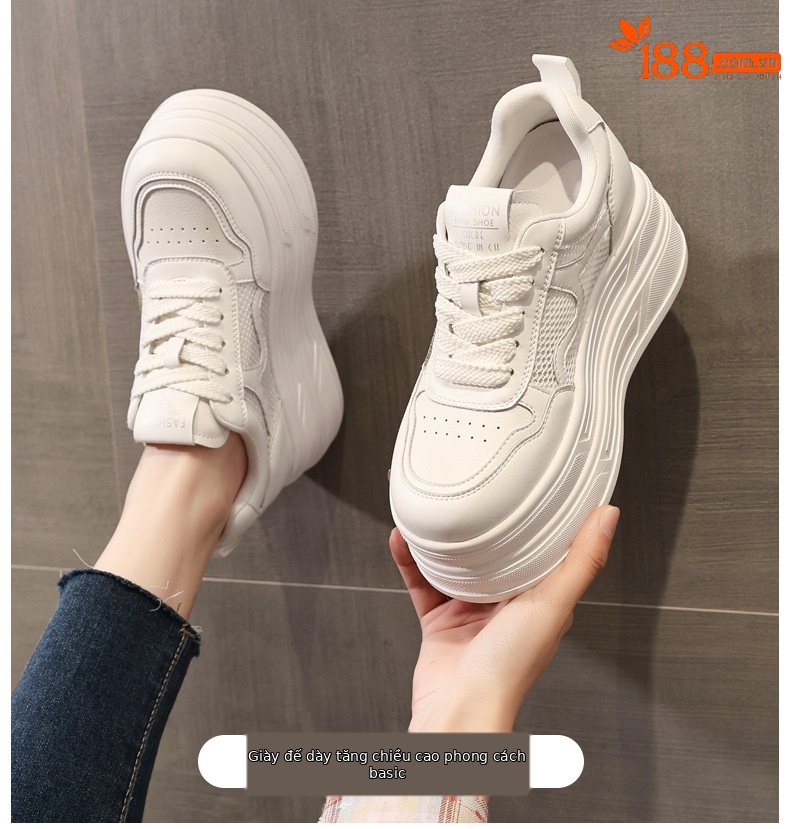 Giày sneaker nữ đế dày tăng chiều cao lưới thoáng khí phong cách thể thao — màu trắng chi tiết 1