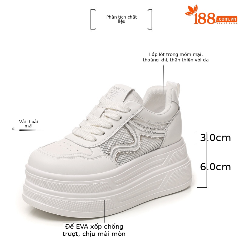 Giày sneaker nữ đế dày tăng chiều cao lưới thoáng khí phong cách thể thao — màu trắng chi tiết 2