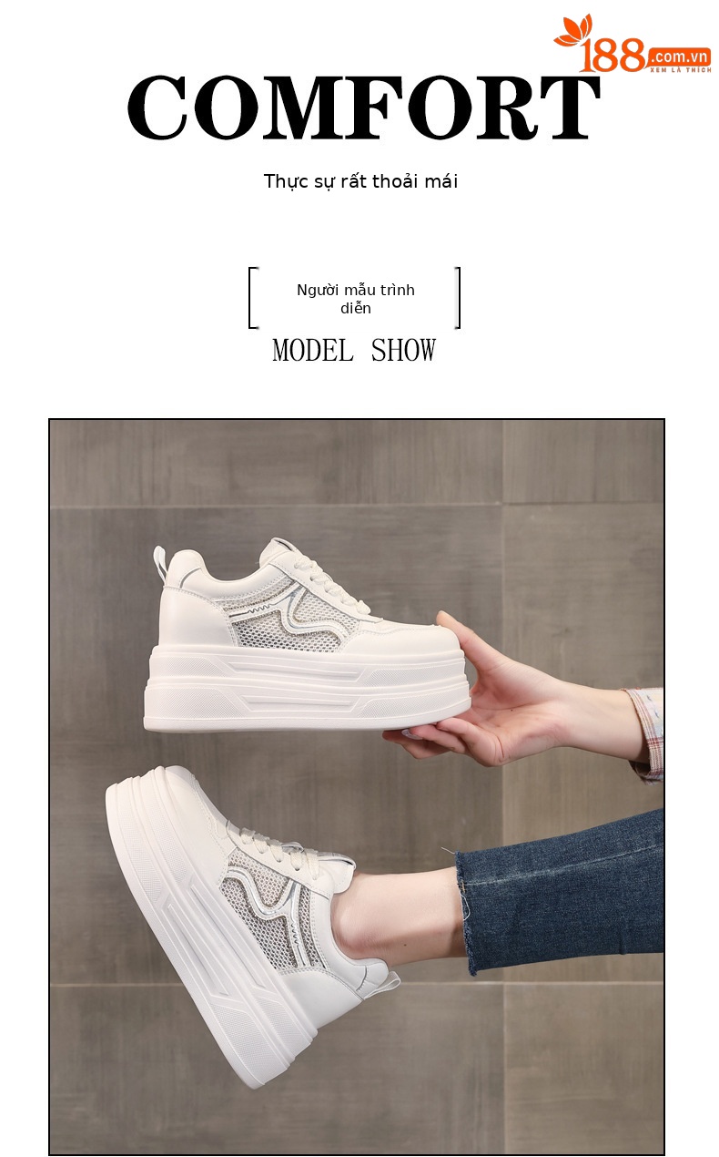 Giày sneaker nữ đế dày tăng chiều cao lưới thoáng khí phong cách thể thao — màu trắng chi tiết 9