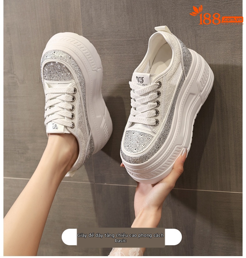 Giày sneaker nữ đế dày tăng chiều cao, phối đá rhinestone trắng, phong cách thể thao — màu trắng chi tiết 1
