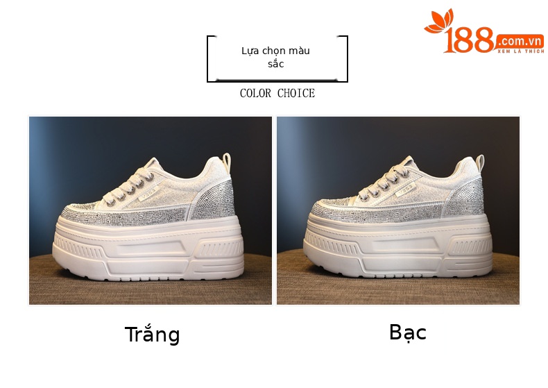 Giày sneaker nữ đế dày tăng chiều cao, phối đá rhinestone trắng, phong cách thể thao — màu trắng chi tiết 2