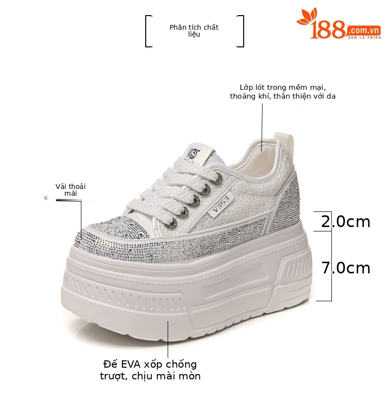Giày sneaker nữ đế dày tăng chiều cao, phối đá rhinestone trắng, phong cách thể thao — màu trắng chi tiết 3