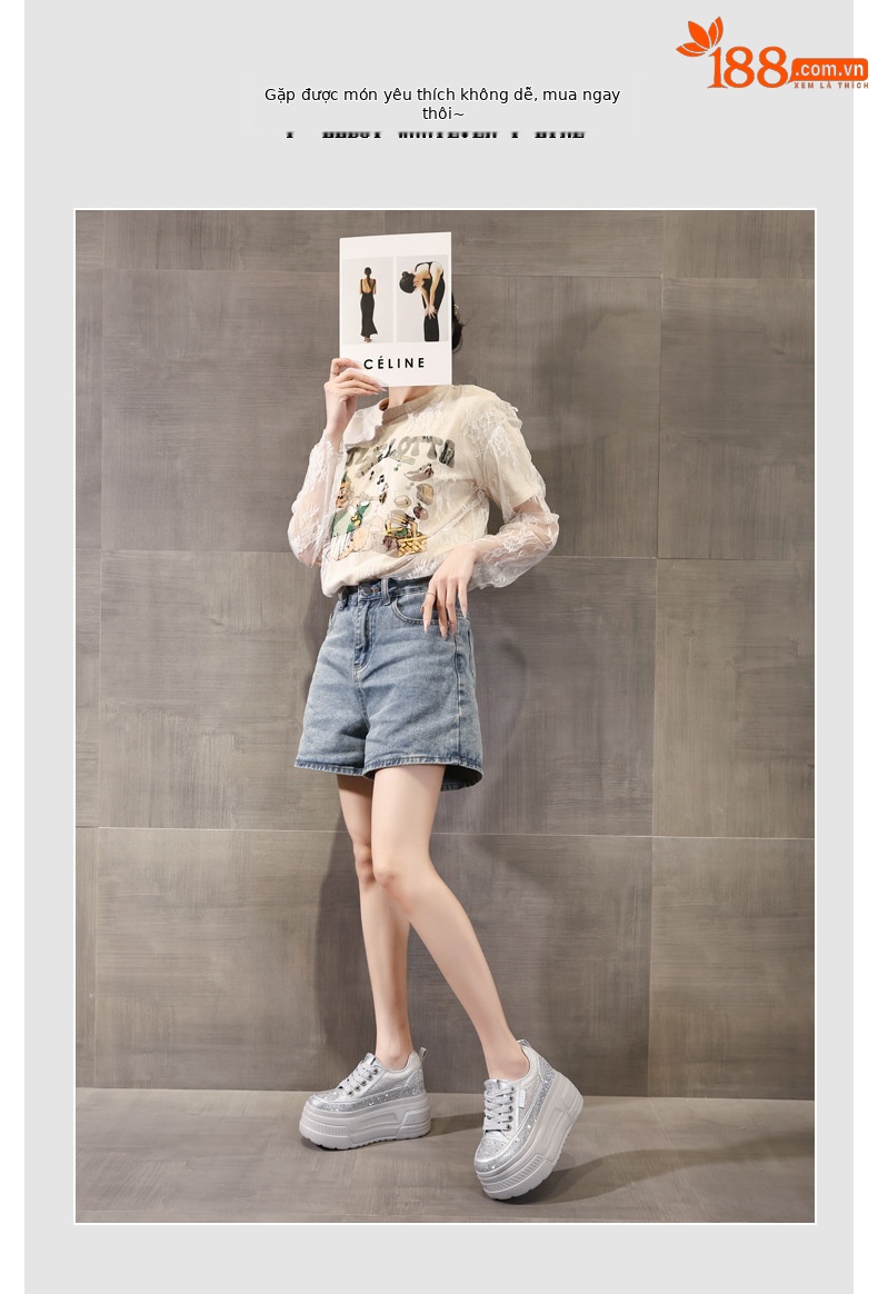 Giày sneaker nữ đế dày tăng chiều cao, phối đá rhinestone trắng, phong cách thể thao — màu trắng chi tiết 6